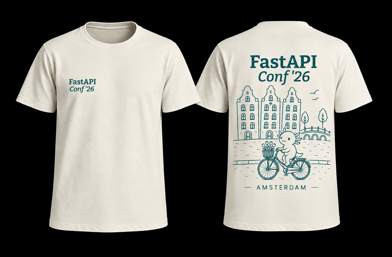 Front and back preview of the limited-edition FastAPI Conf 2026 Amsterdam T-shirt